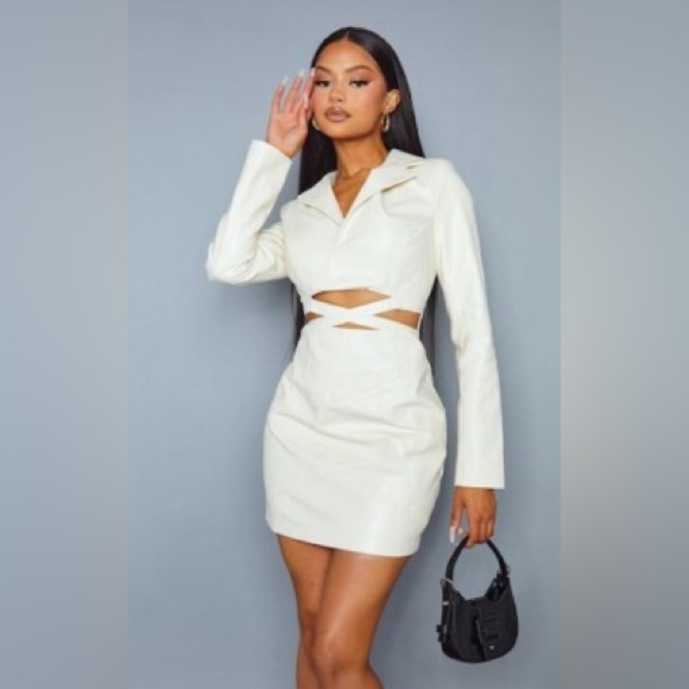 PrettyLittleThing Cream Faux Leather Cross Strap Button Front Blazer Dress